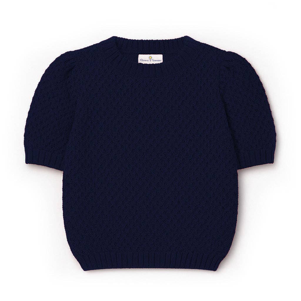 Navy Short Sleeve Sweater with Puff Sleeves
