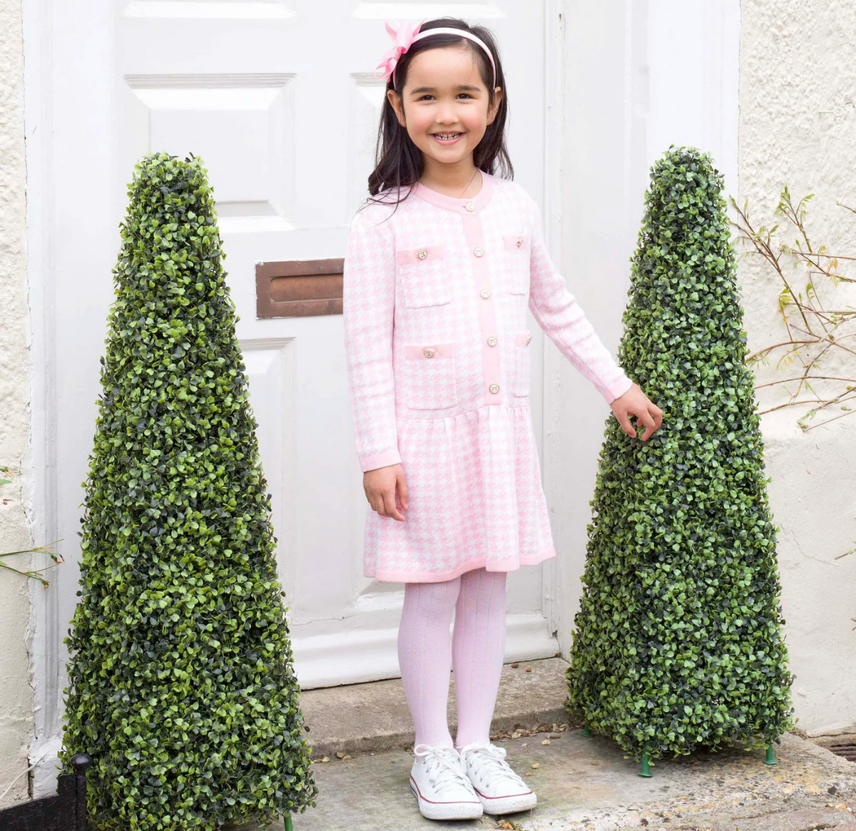 Pink Houndstooth Knit Dress