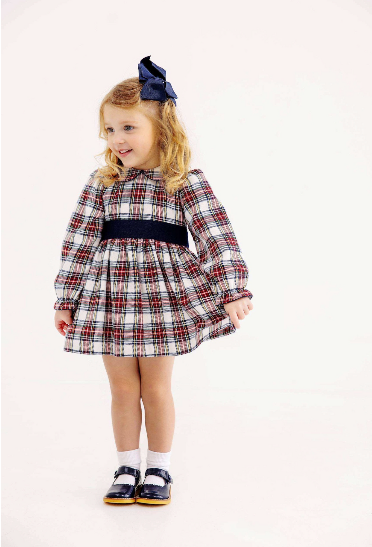 Long Sleeve Cindy Lou Sash Dress Paris Pike Plaid/ Nantucket Navy