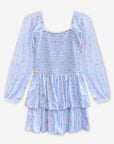 Simply Soft Long Sleeve Smocked Ruffle Skirt Dress Light Blue Floral