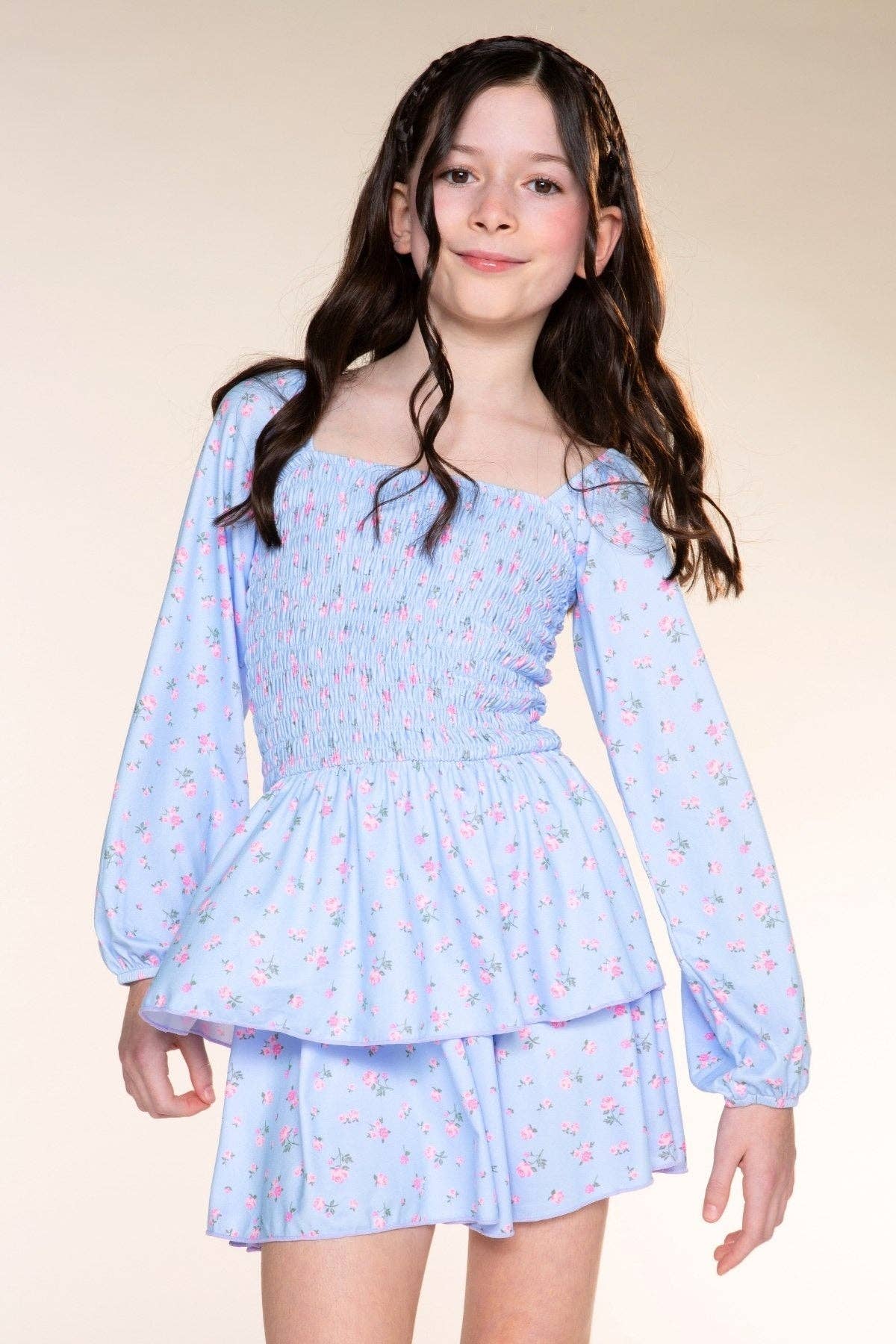 Simply Soft Long Sleeve Smocked Ruffle Skirt Dress Light Blue Floral