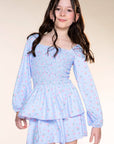 Simply Soft Long Sleeve Smocked Ruffle Skirt Dress Light Blue Floral
