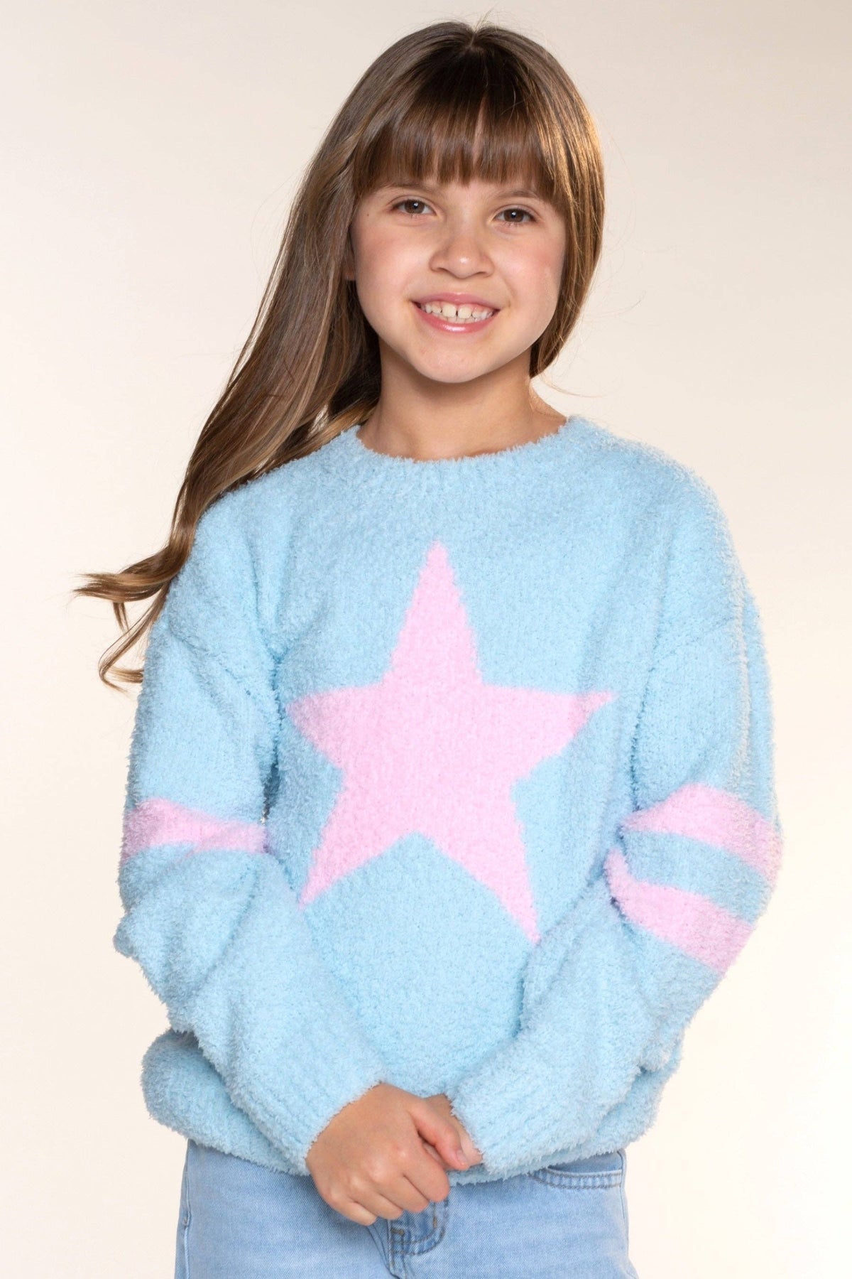 Cloud Plush Crew Neck Sweater Dusty Blue Pink Star