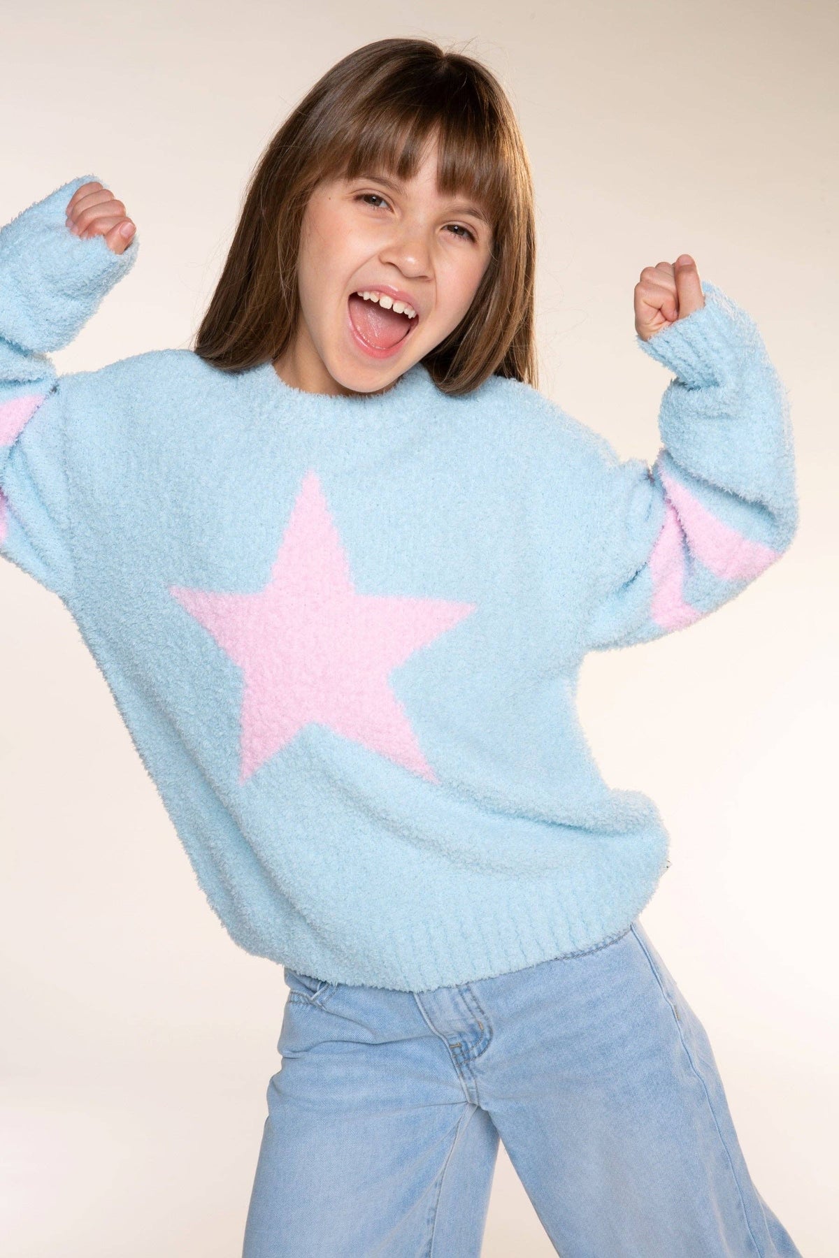 Cloud Plush Crew Neck Sweater Dusty Blue Pink Star