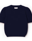 Navy Short Sleeve Sweater with Puff Sleeves