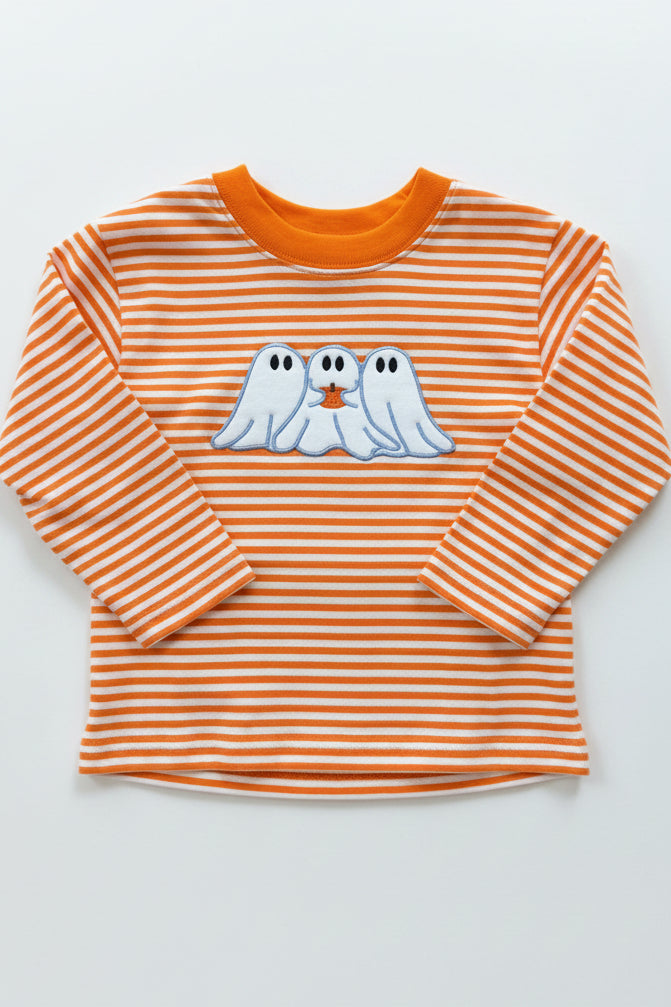 Ghost Halloween on Orange Stripe Long Sleeve T