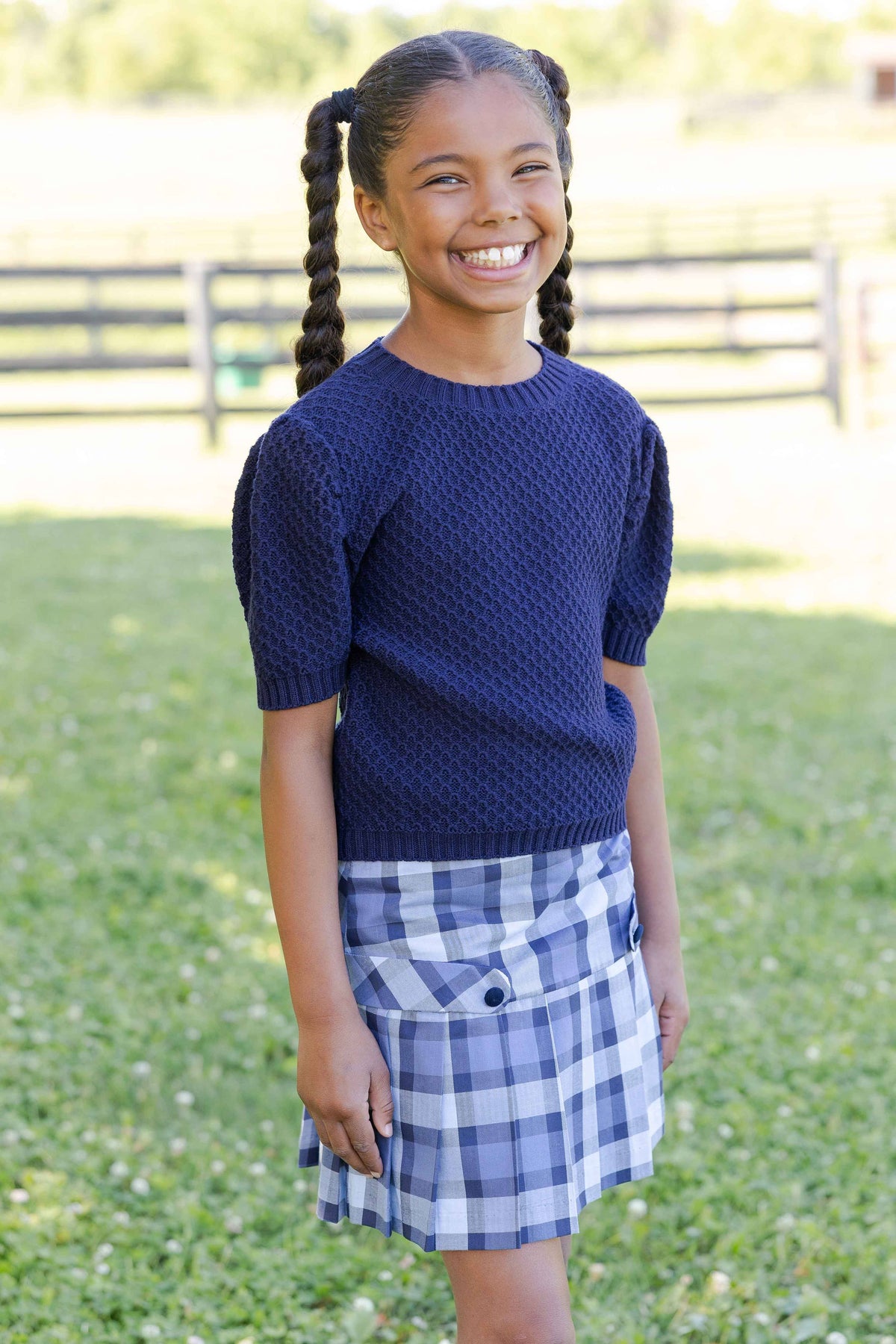 Navy Short Sleeve Sweater with Puff Sleeves