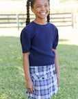Navy Short Sleeve Sweater with Puff Sleeves