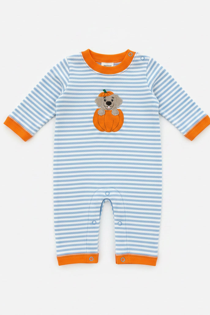 Dog in Pumpkin on Light Blue Stripe One-piece