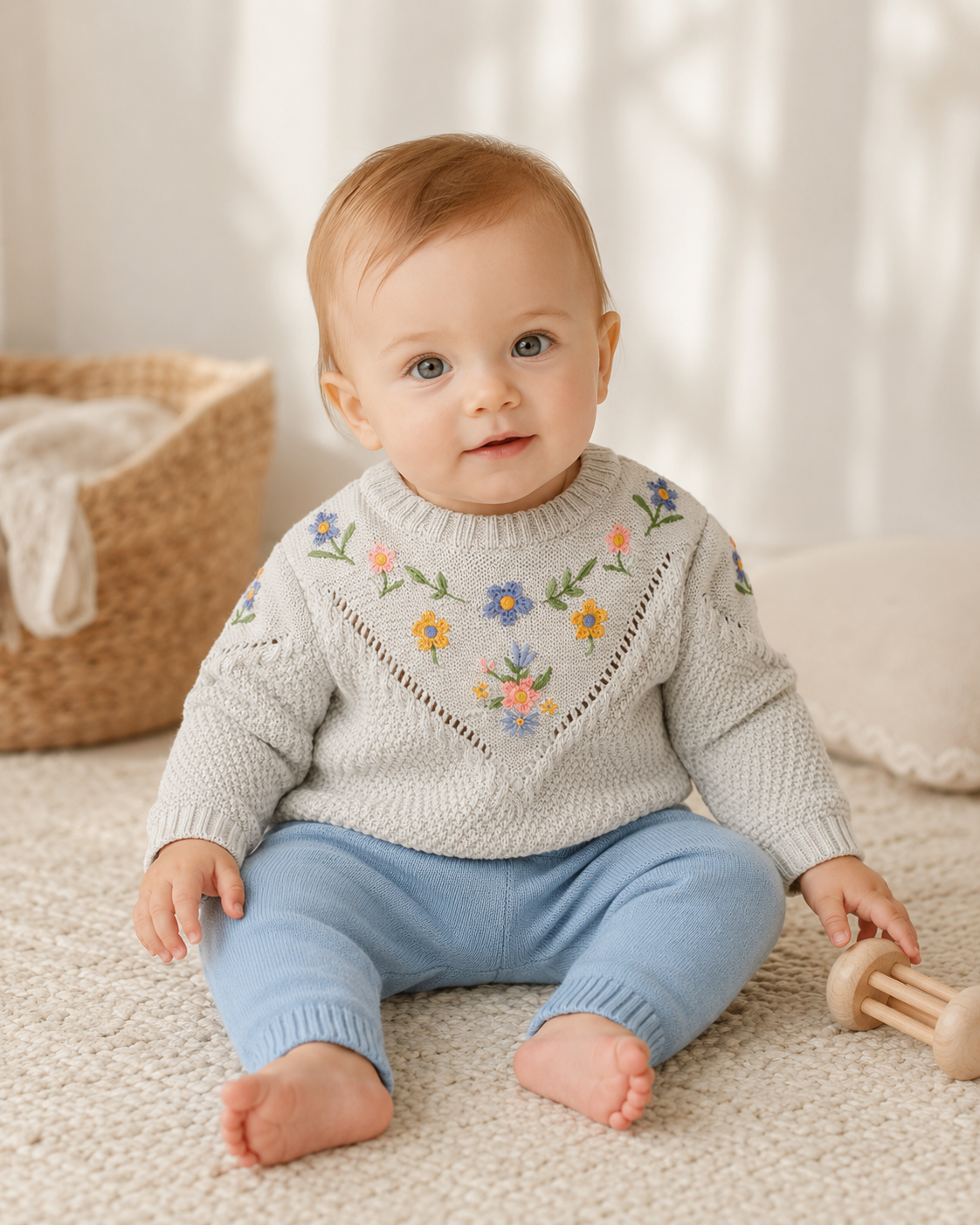Ivy Floral Embroidered Baby Knit Pullover (Organic Cotton)