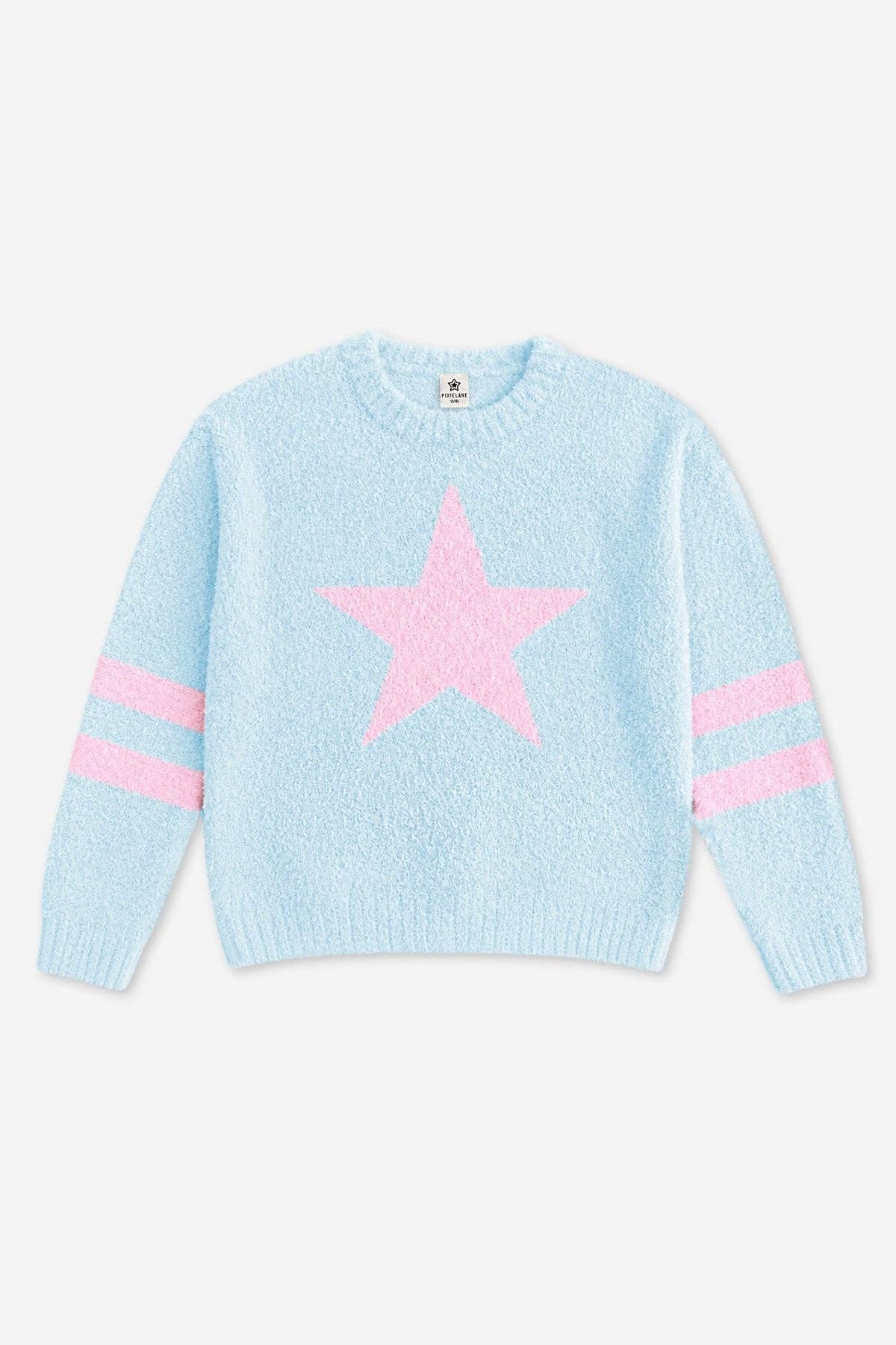 Cloud Plush Crew Neck Sweater Dusty Blue Pink Star