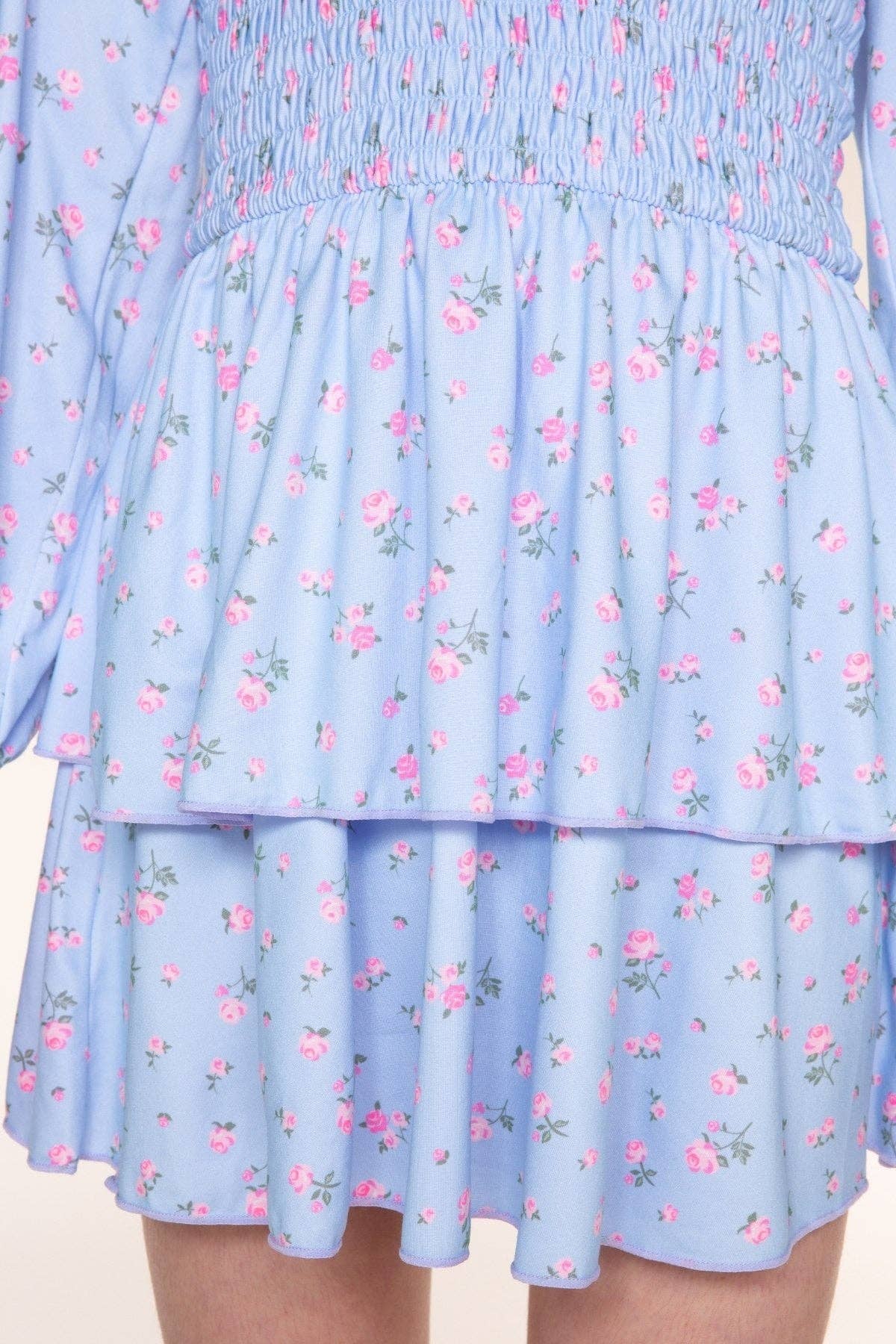 Simply Soft Long Sleeve Smocked Ruffle Skirt Dress Light Blue Floral