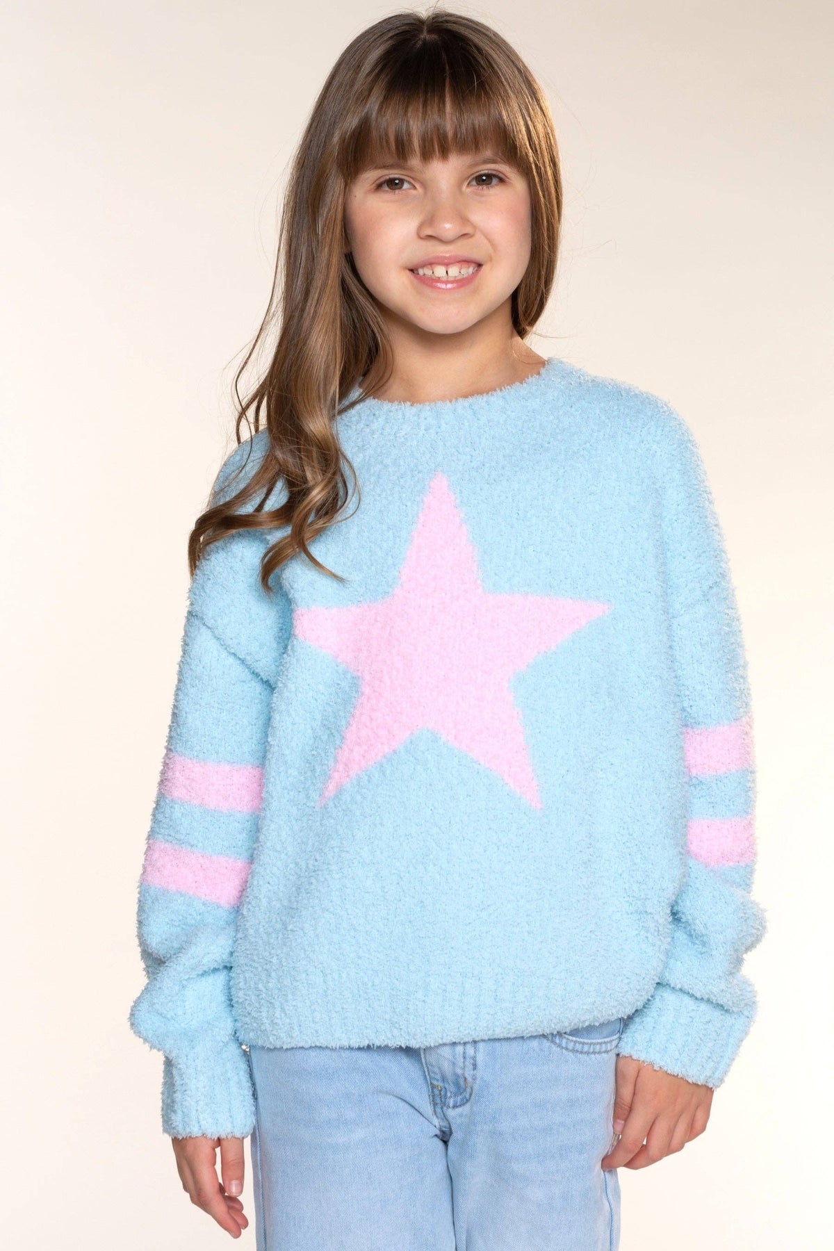 Cloud Plush Crew Neck Sweater Dusty Blue Pink Star