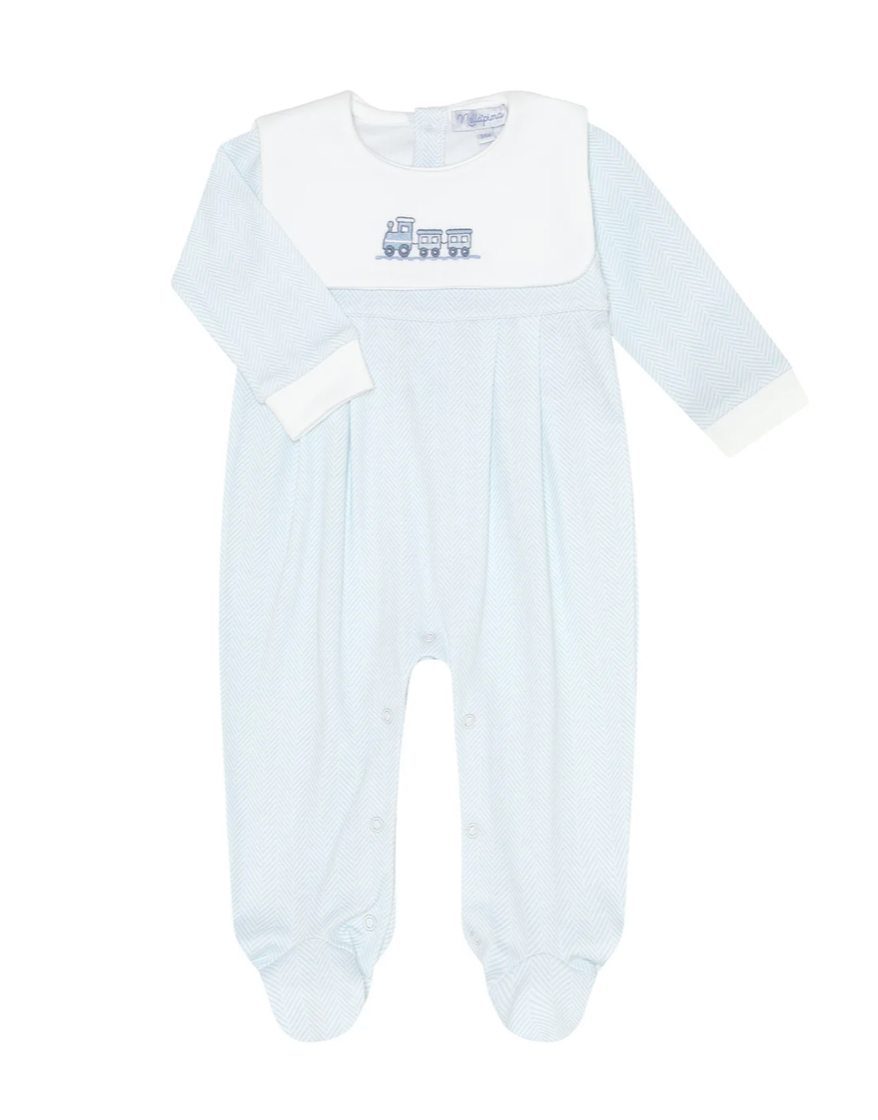 Blue Herringbone Embroidered Collared Footie