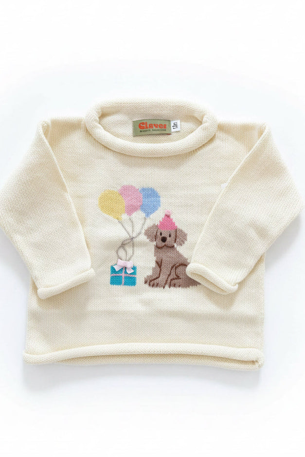 Dog Birthday Sweater on Cream Sweater