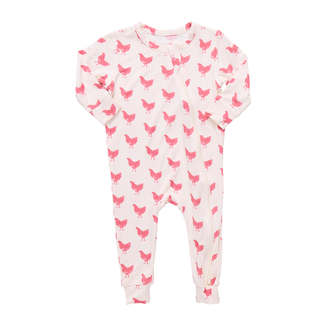Baby Girls Ruffle Bamboo Romper Pink Chickens
