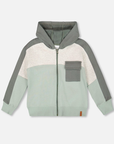Full Zip Hooded Color Block Fleece Cardi Jadeite/Balsam Green