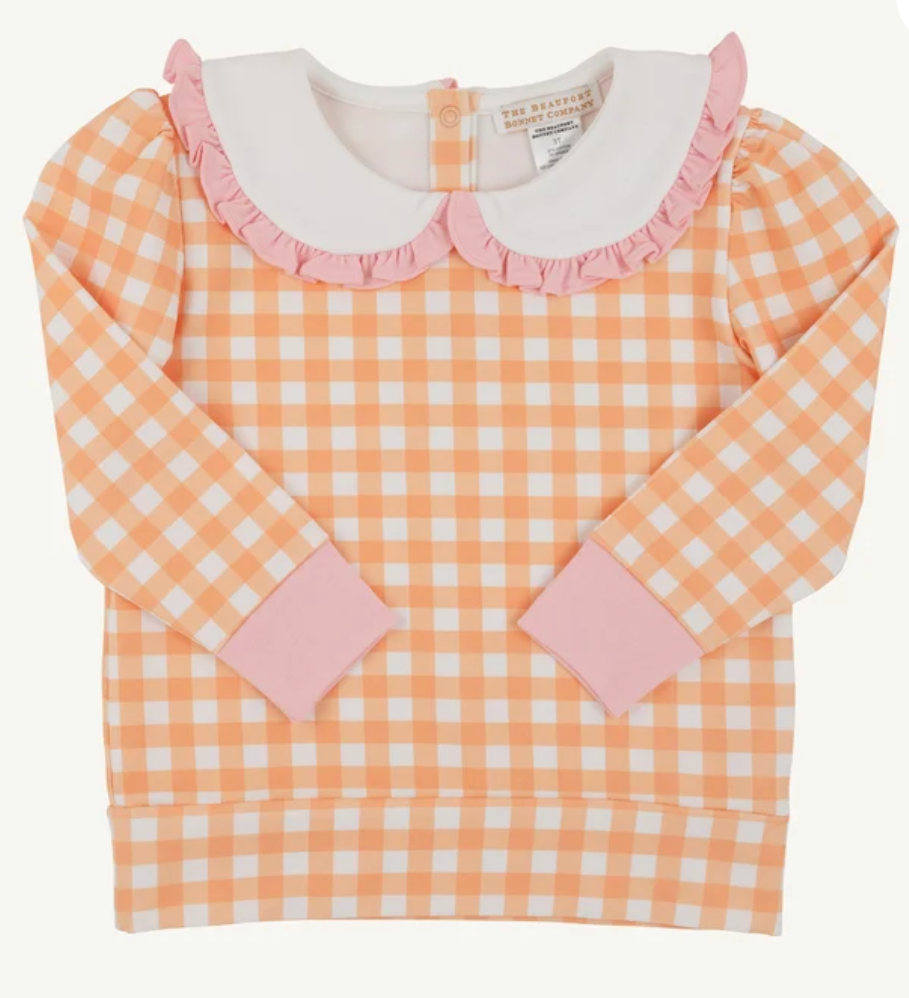 Maude's Ruffle Cassidy Comfy Crewneck Seashore Sherbet Gingham with Sandpearl Pink