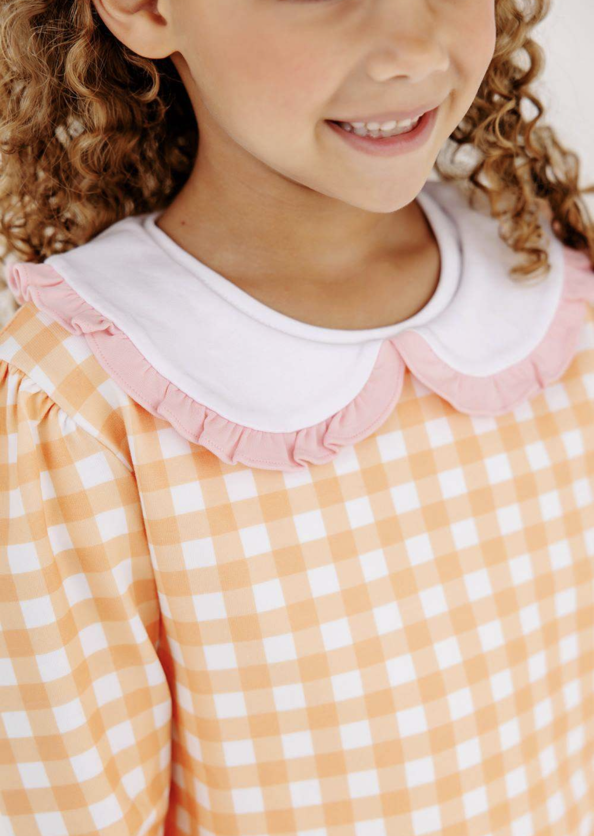 Maude's Ruffle Cassidy Comfy Crewneck Seashore Sherbet Gingham with Sandpearl Pink
