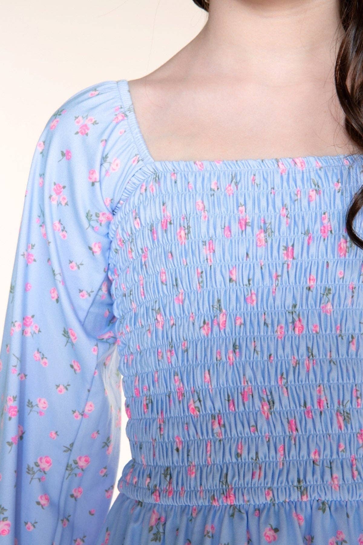 Simply Soft Long Sleeve Smocked Ruffle Skirt Dress Light Blue Floral