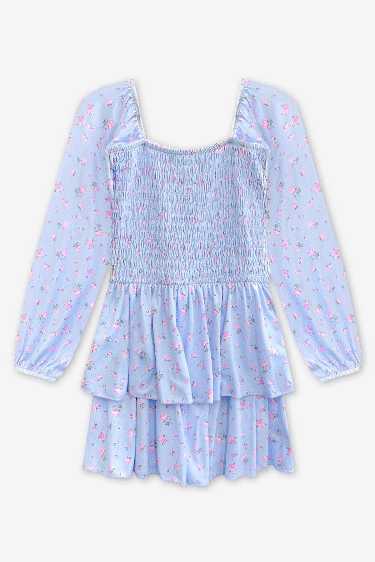 Simply Soft Long Sleeve Smocked Ruffle Skirt Dress Light Blue Floral