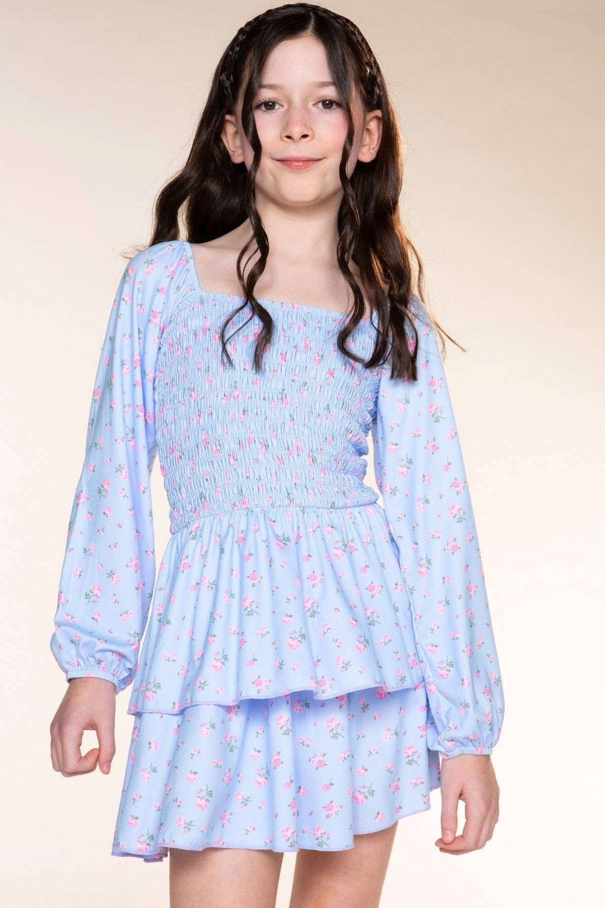 Simply Soft Long Sleeve Smocked Ruffle Skirt Dress Light Blue Floral