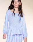 Simply Soft Long Sleeve Smocked Ruffle Skirt Dress Light Blue Floral