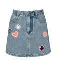 A VINTAGE JEAN SKIRT WITH SEQUIN PATCHES