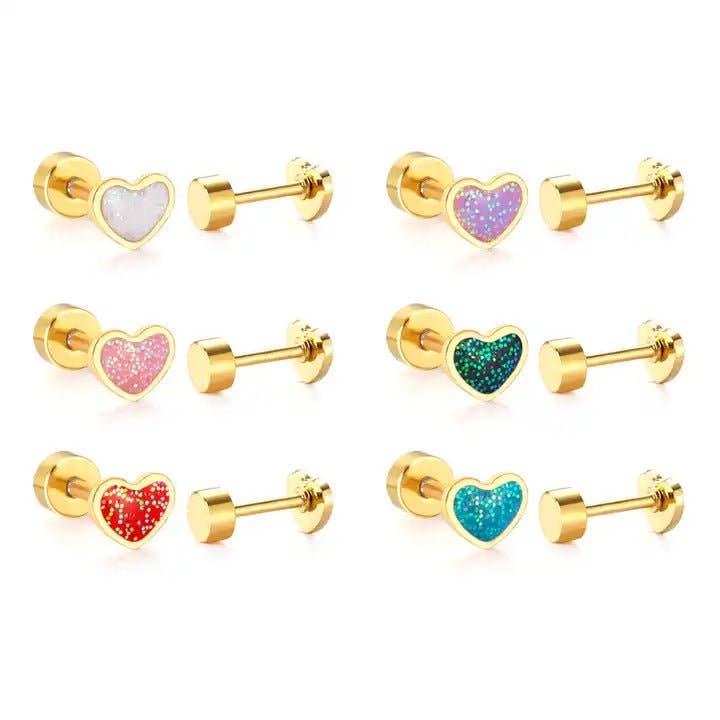Screwback Stud Earrings - Nora Heart Pink