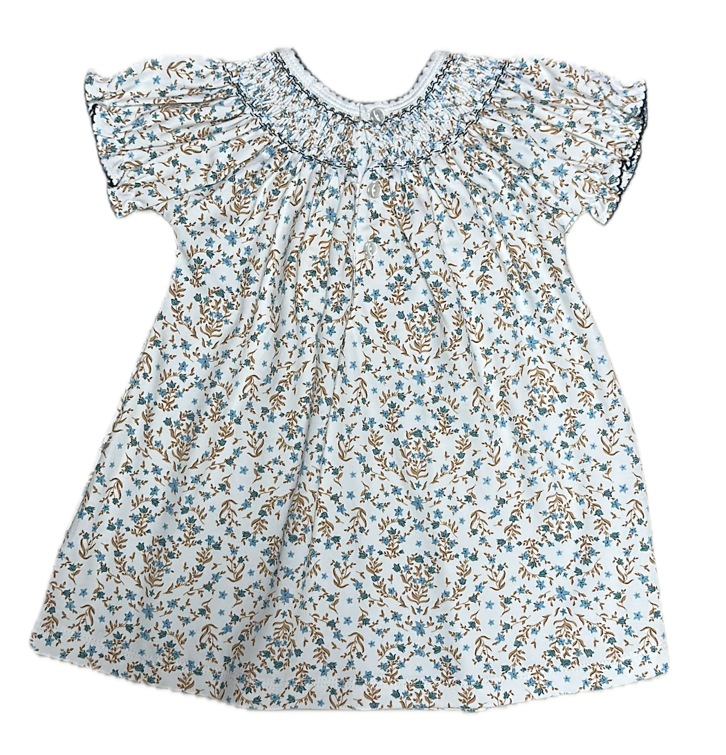 Blue floral hand smocked girls bishop Ariana and Drew