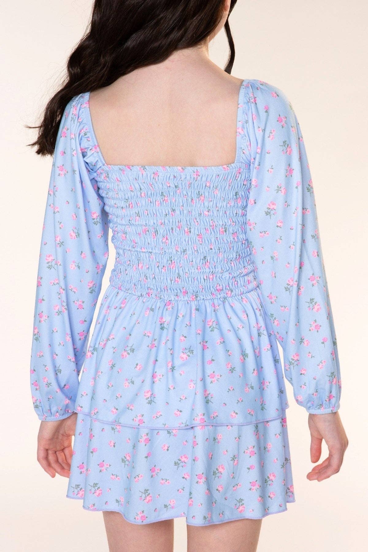 Simply Soft Long Sleeve Smocked Ruffle Skirt Dress Light Blue Floral