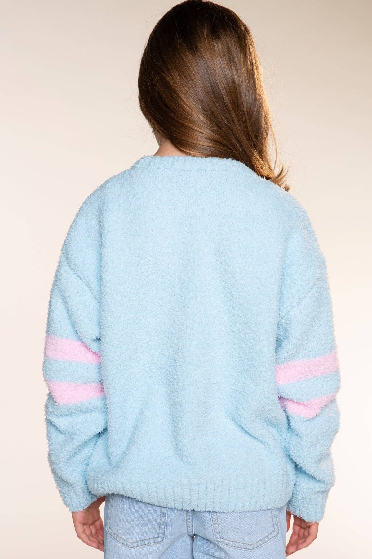 Cloud Plush Crew Neck Sweater Dusty Blue Pink Star