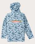 Boys' Pro Performance Hoodie T-shirt in Coastal Blues Camo with Rainbow Trout Art