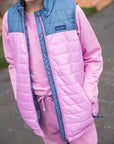Girls Colorblock Puffer Jacket in Orchid Purple and Faded Blue