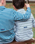 Boys' Long Sleeve Performance Polo in Arona Blue and Camping Green Stripe