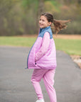 Girls Colorblock Puffer Jacket in Orchid Purple and Faded Blue