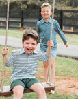 Boys' Long Sleeve Performance Polo in Arona Blue and Camping Green Stripe